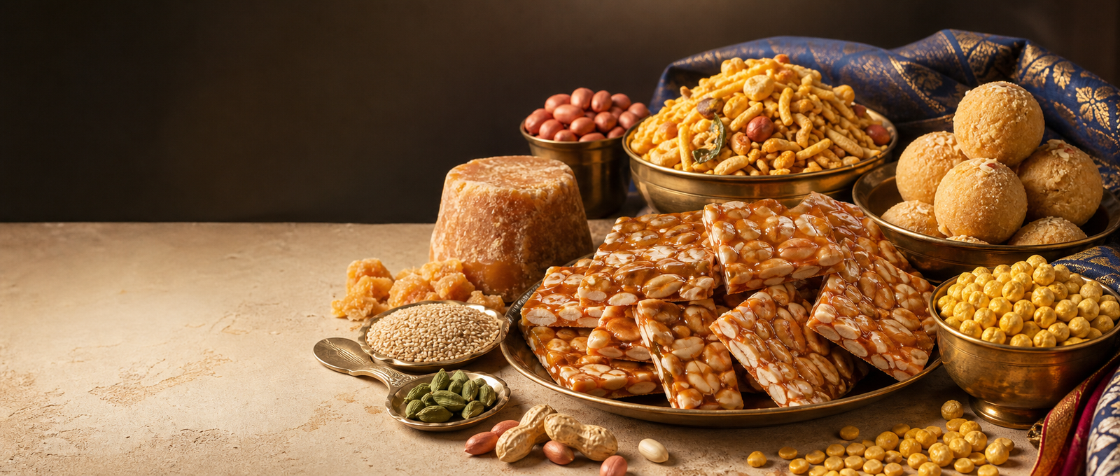 Traditional chikki, ladoos, roasted chana and savoury snacks