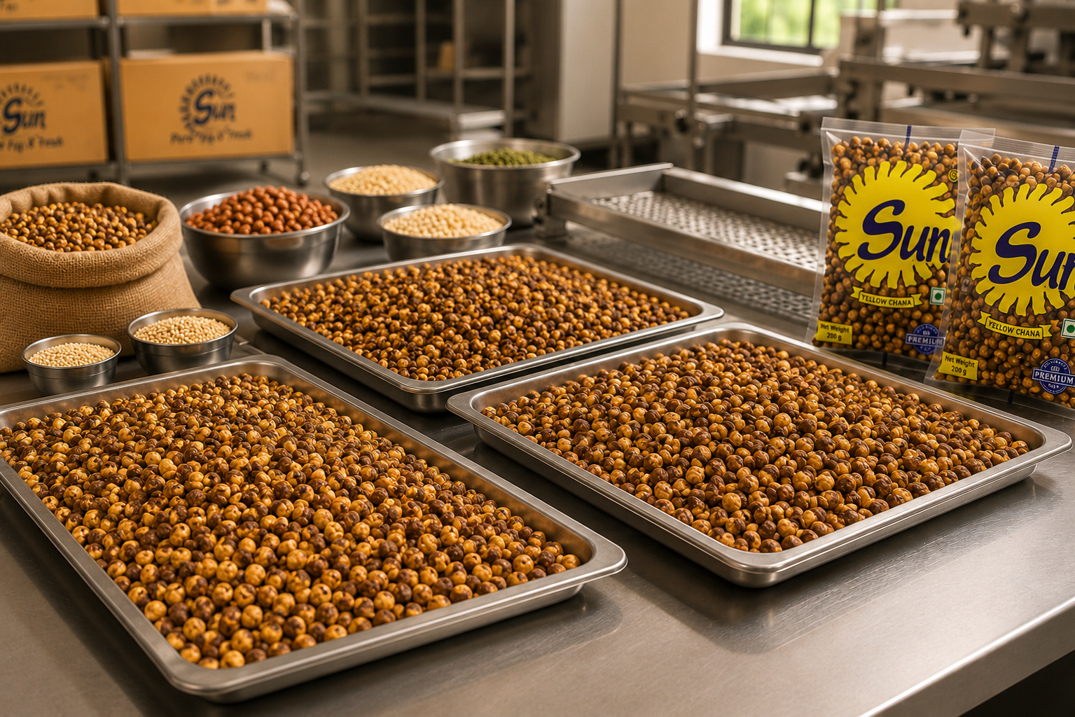 Food production team inspecting roasted snacks and sealed packs